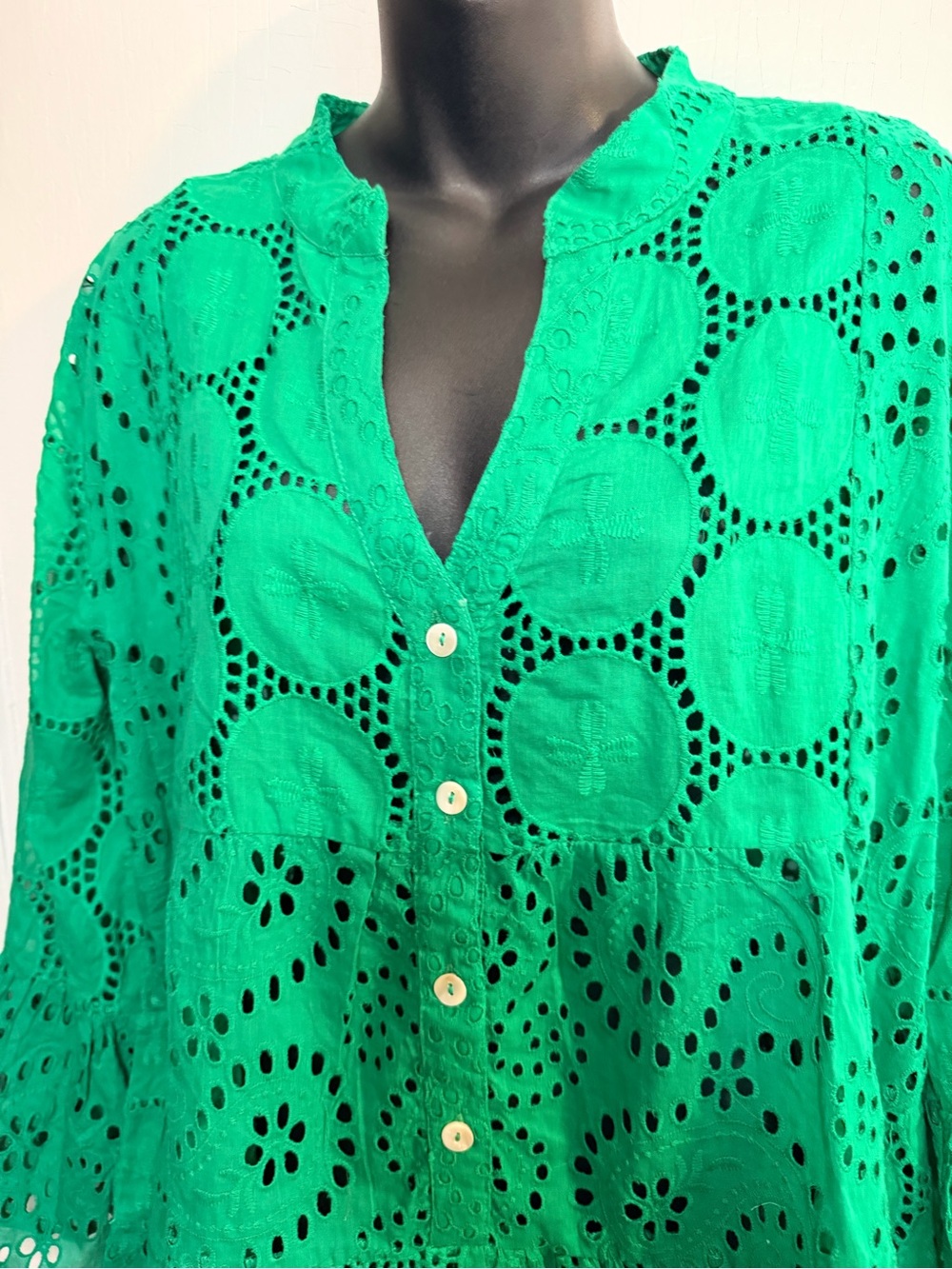 Jaded Gypsy Green Eyelet Button-Front Peplum Blouse - Picture 3 of 9